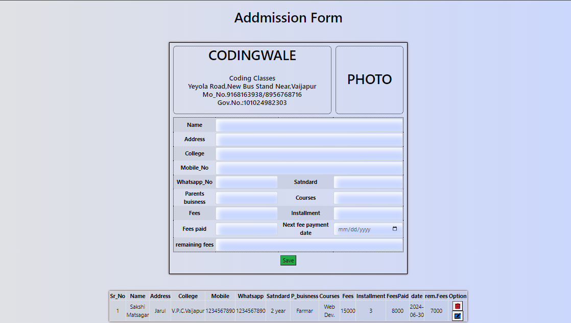 Addmission Form